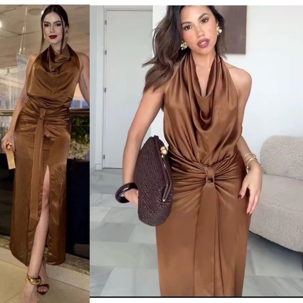 Zara brown satin effect open back front knot halter top midi maxi dress formal L